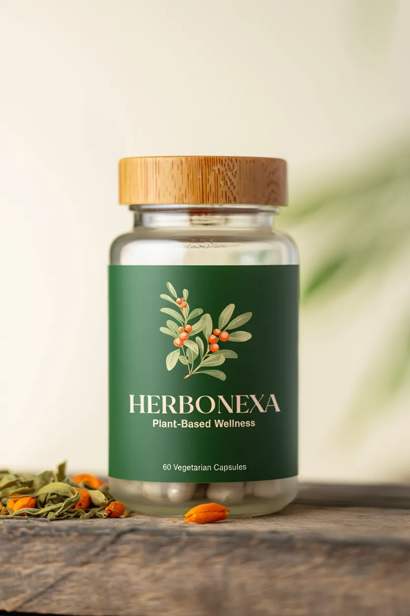 Herbonexa plant-based wellness supplement bottle with natural herbal ingredients